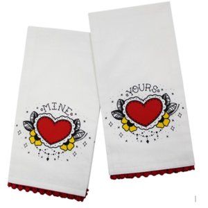 SET of 4 Yours Mine Tea Towels Romantic Retro Vintage Home Decor Kitchen Tattoo